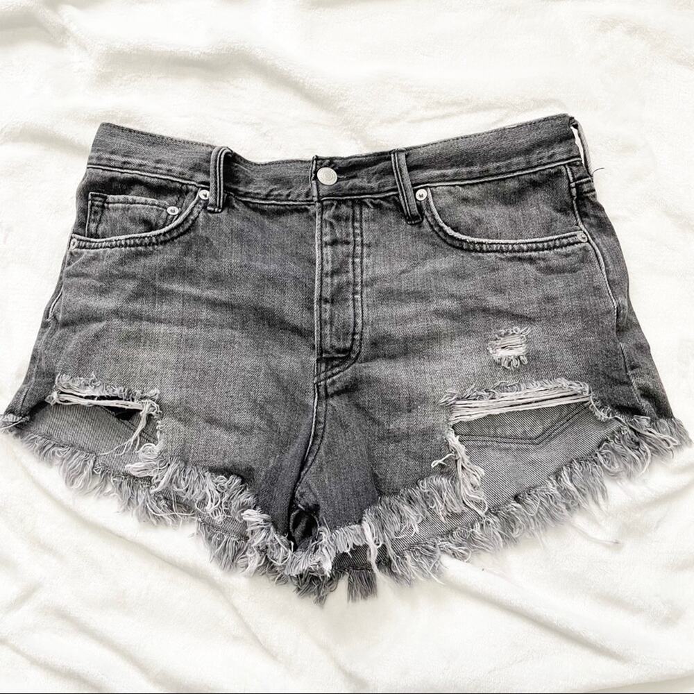 Free People black jean shorts destroyed denim ripped size 28 button fly